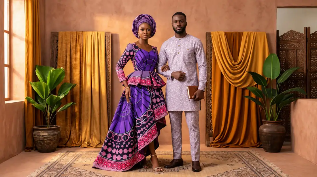 Couple in lilac patterned Senator and purple Ankara gown