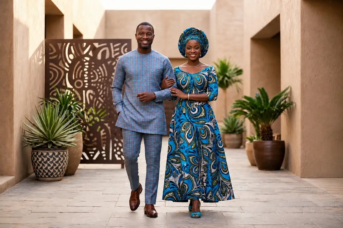 Couple in blue plaid Senator and blue Ankara print