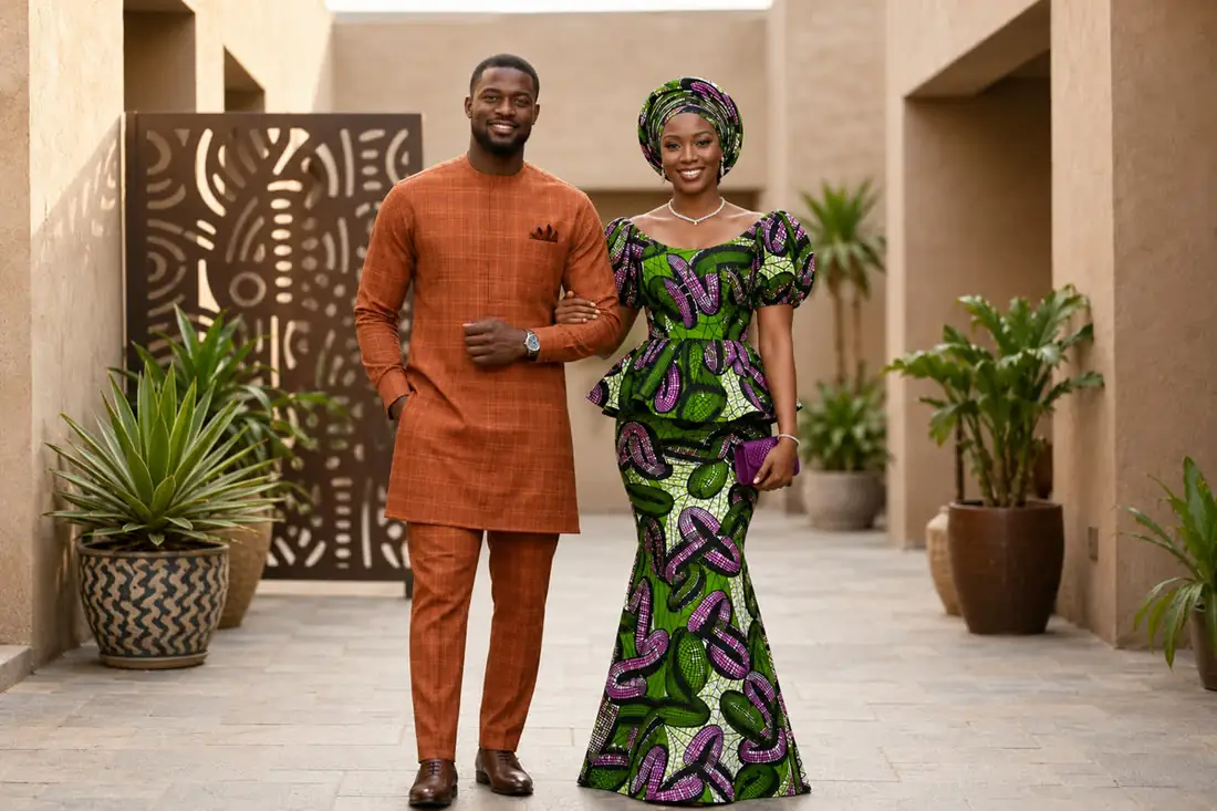 Couple in rust Senator and green Ankara peplum