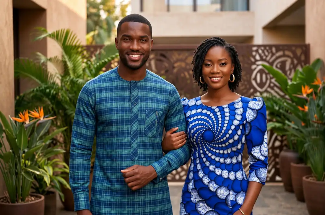 Couple in green plaid Senator and blue and white Ankara dress